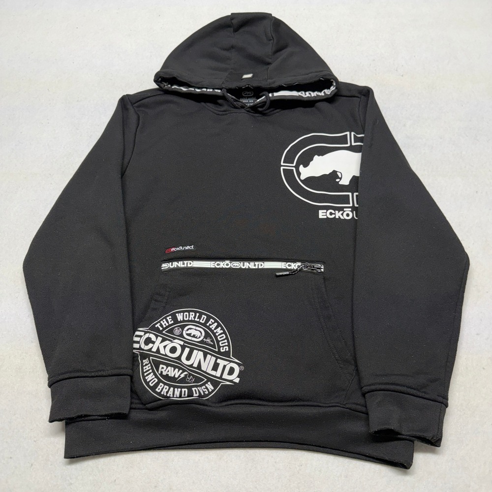 Y2K Ecko Unltd Hoodie Sweatshirt‎ Graphic Rhino Rawthentic Black Mens Size M